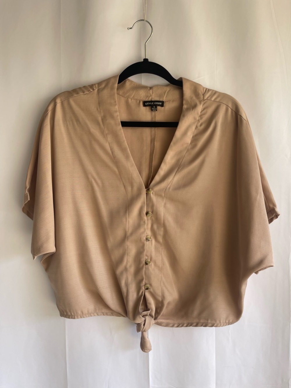 Style Envy Beige Button-Front Tie-Hem Short Sleeve Blouse - Picture 2 of 7